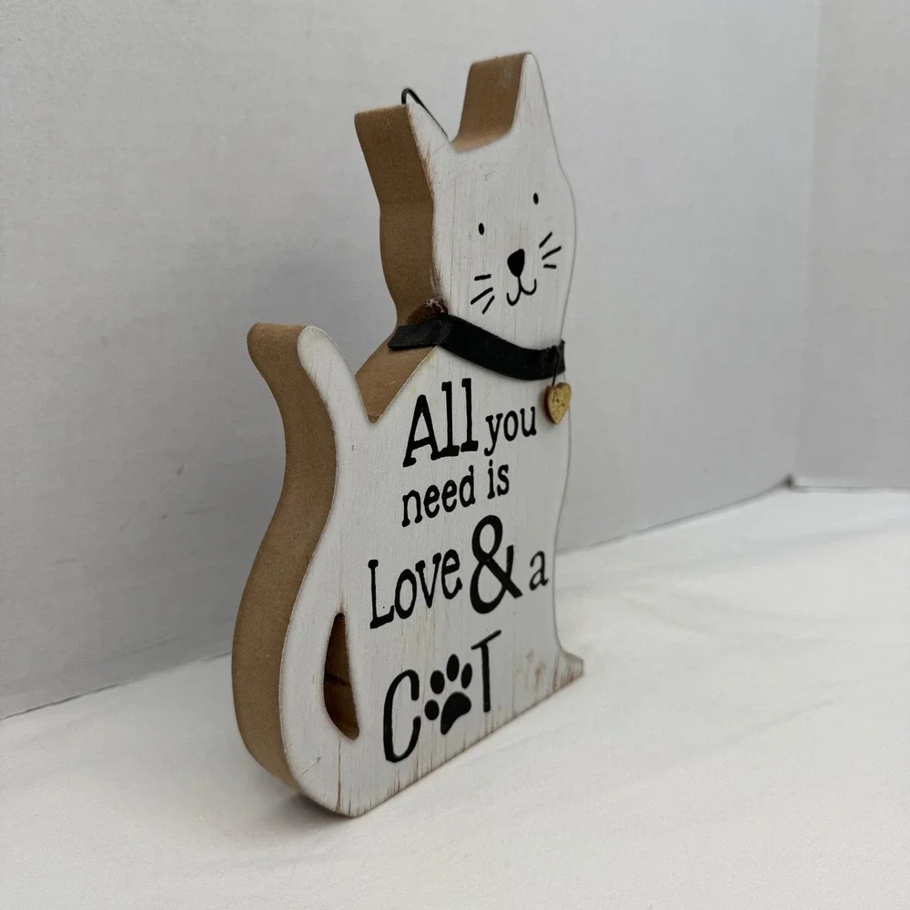 Rustic Wooden Cat Shelf Sitter Wall Plaque All You Need Is Love and a Cat White